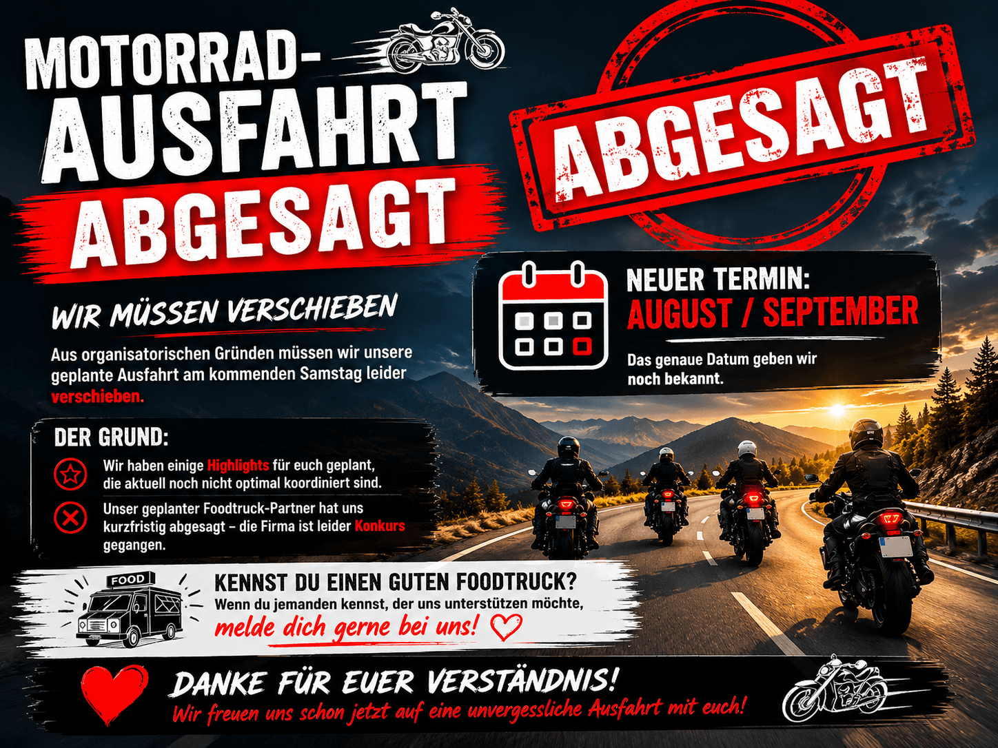 Motorrad Ausfahrt abgesagt – neuer Termin im August oder September bei KFZ Czeitschner