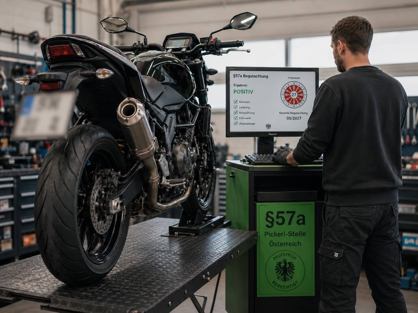 KI-generiertes Bild: Pickerl-Überprüfung §57a für Motorrad und Moped in Marz KI-generiertes Bild einer §57a Pickerl-Überprüfung für Motorrad und Moped in einer Werkstatt in Marz
