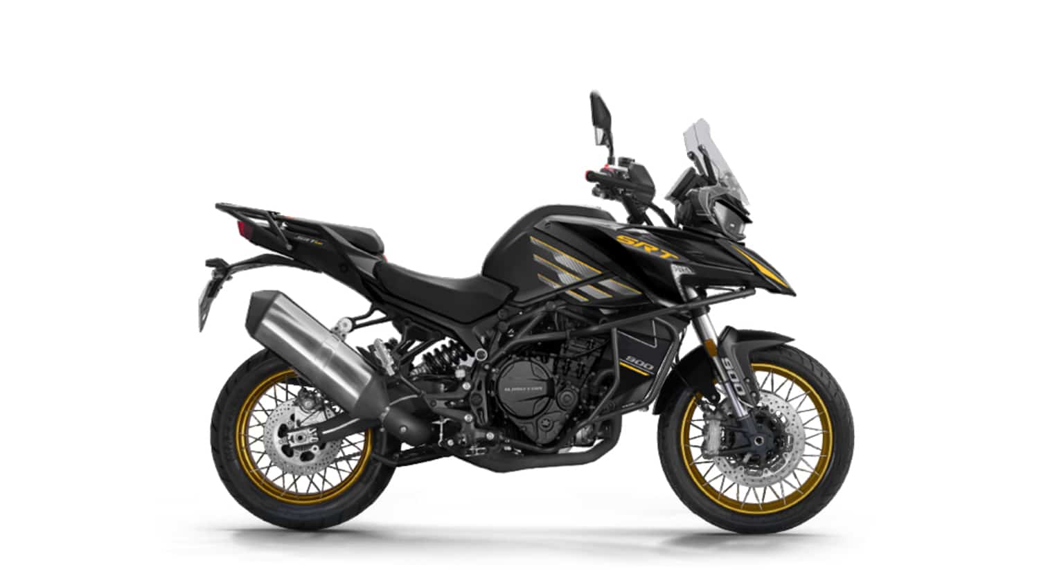 Schwarzes QJMOTOR Adventure-Motorrad in Seitenansicht freigestellt vor weißem Hintergrund
