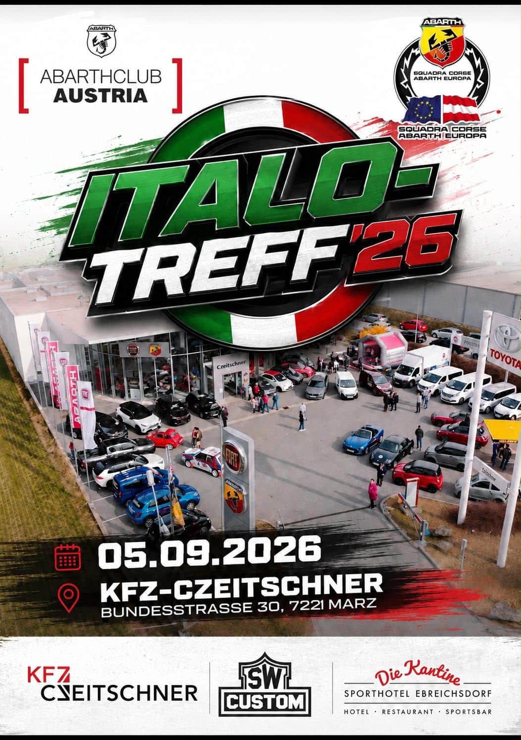 Veranstaltungsplakat für das Italo-Treff 2026 bei KFZ Czeitschner in Marz